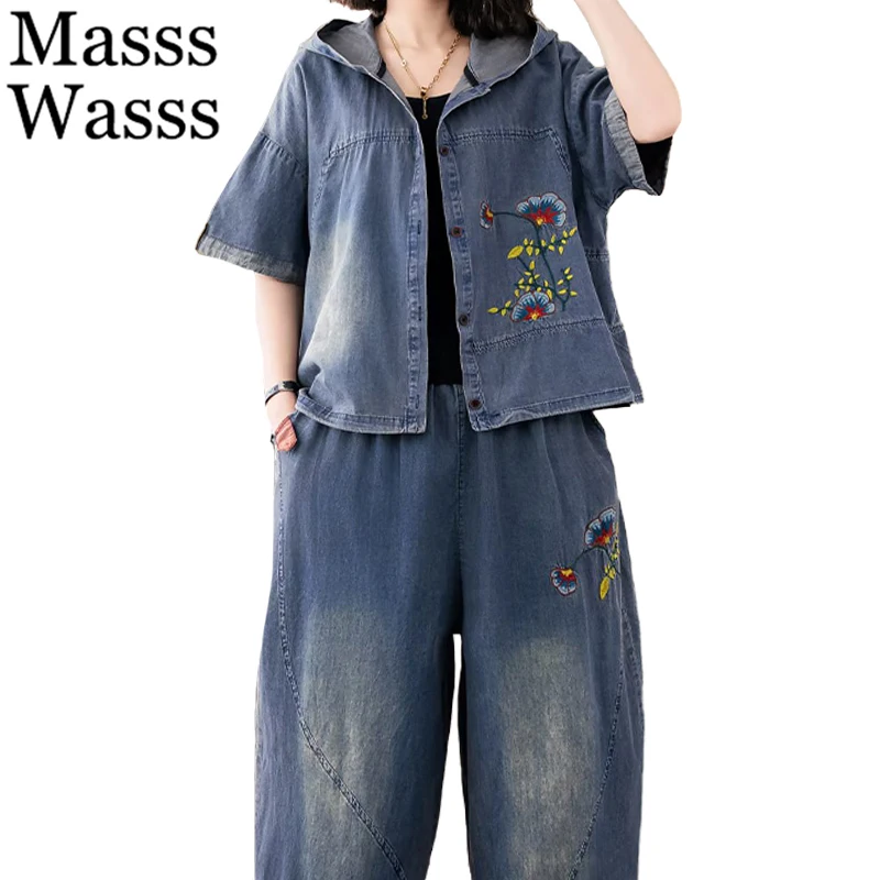 Masss Wasss 2025 Summer Fashion Suits Women Luxury Two Pieces Sets Floral Denim Outfits Loose Hooded Jacket Vintage Casual Jeans