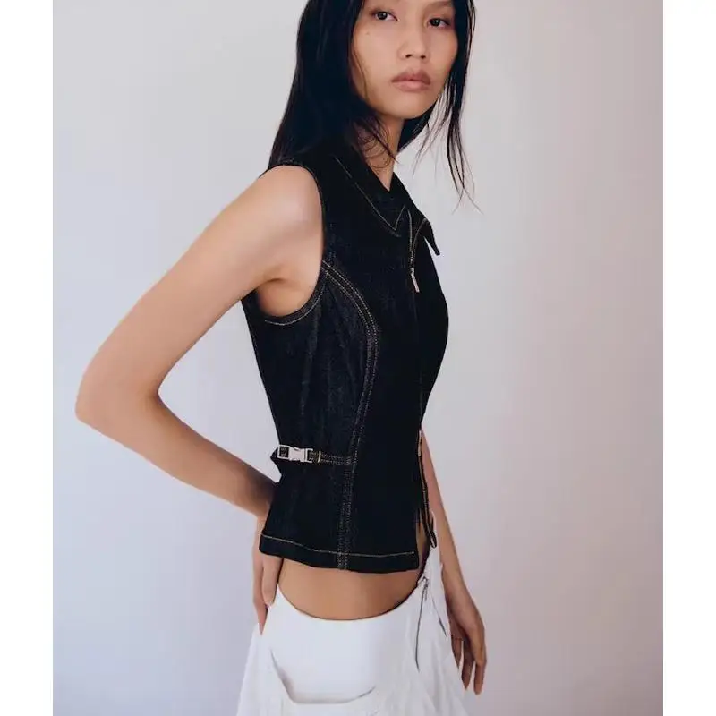 

Metallic Detail Slim Fit Denim Vest Women's Autumn Winter New Sle Zipper Closure ort Collar Svel Faion