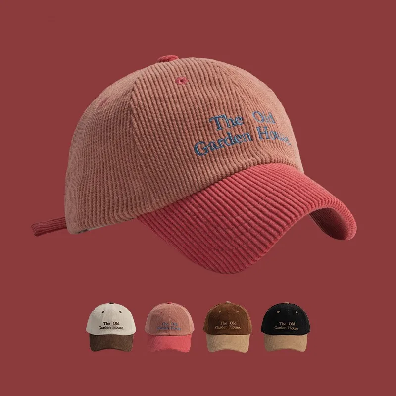 Corduroy Color Block Embroidery Peaked Cap for Women Autumn and Winter Show Face Velvet-Padded Small Warm Baseball Cap Men