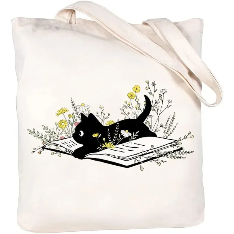 Black Cat Book circondato da Flowers Canvas Tote Bag per donna con tasca interna estetica Cute Shopping Tote Bags riutilizzabili