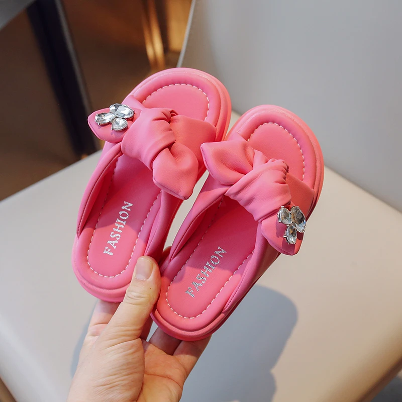 Girls Slippers Summer Outside Wear Pink Bow Rhinestone Girls Shoes Beige Soft Bottom Non-slip Fashion Children Sandals Slippers