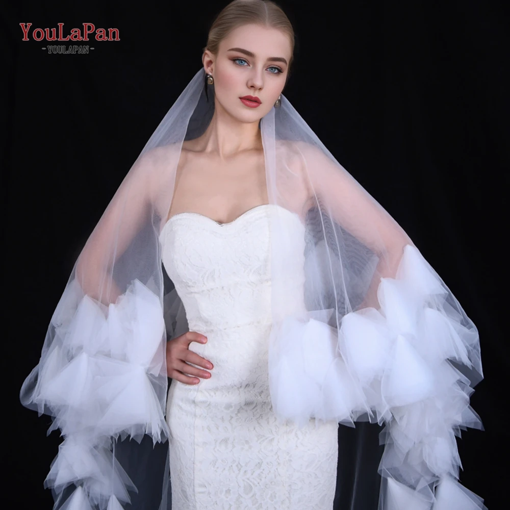 Youlapan Store โปรโมชั่นราคาถูก Double Cathedral ดอกไม้ Veil อุปกรณ์จัดงานแต่งงาน V208