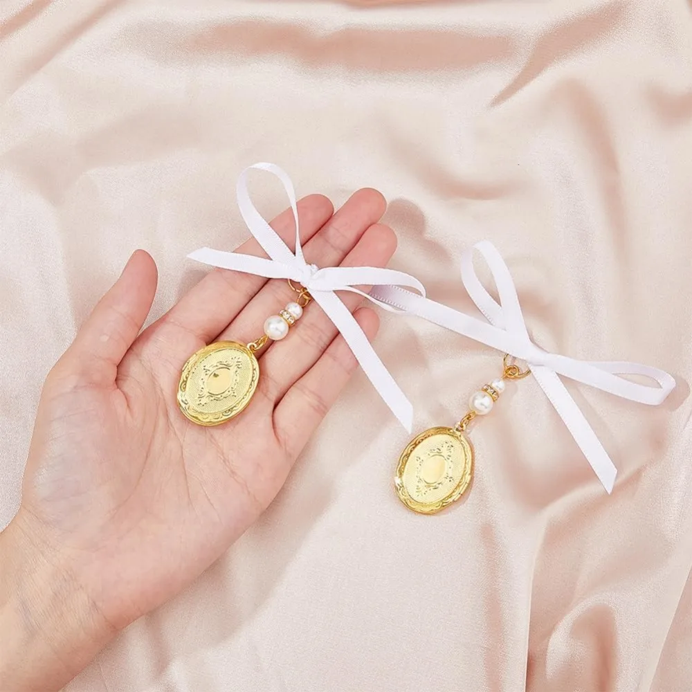 2PCS Brass Wedding Bouquet Charms Locket Pendant Decorations with Acrylic Imitated Pearl Beads and Satin Ribbon Golden