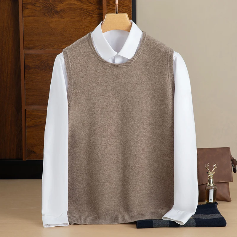 Men's Sweater 100% Merino Wool Sweater Round Neck Vest Business Casual Knitted Sleeveless Sweater Autumn And Winter New Base Top