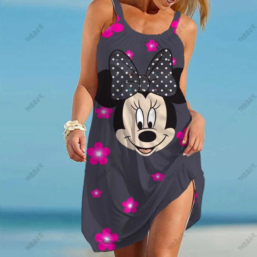 

Disney Minnie Mickey Mouse Women Dresses 3D Dye Print Fashion Sleeveless Summer Halter Casual Sexy Dress Loose Kawaii Dress