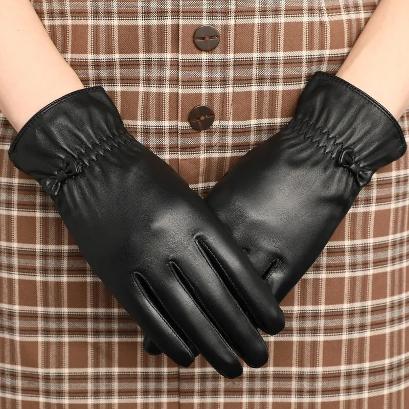 

X6195 Adult Leather Gloves Ladies Winter Plus Velvet Gloves Driving Cycling First Layer Sheepskin Gloves
