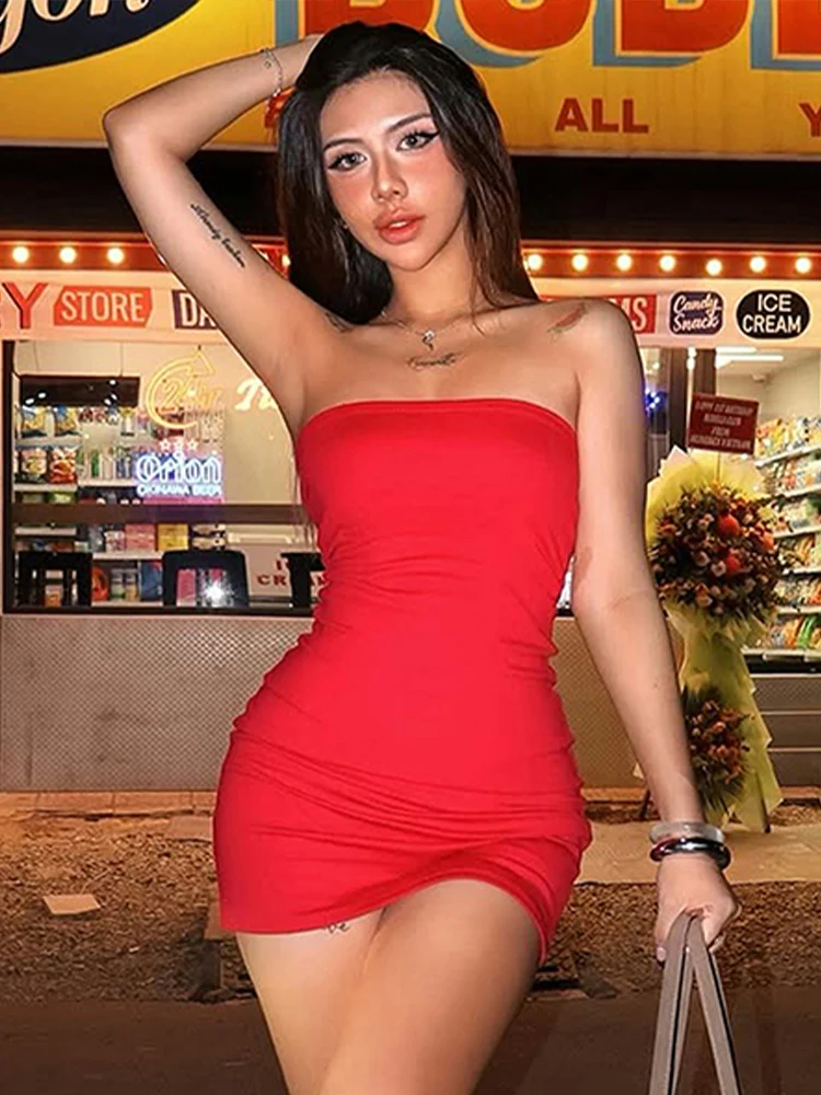 Strano Puss San Valentino Abito senza spalline Donna Backless Sexy Pesca Hip Stretch Slim Semplice Hottie Incontri Mini Street Clubwear