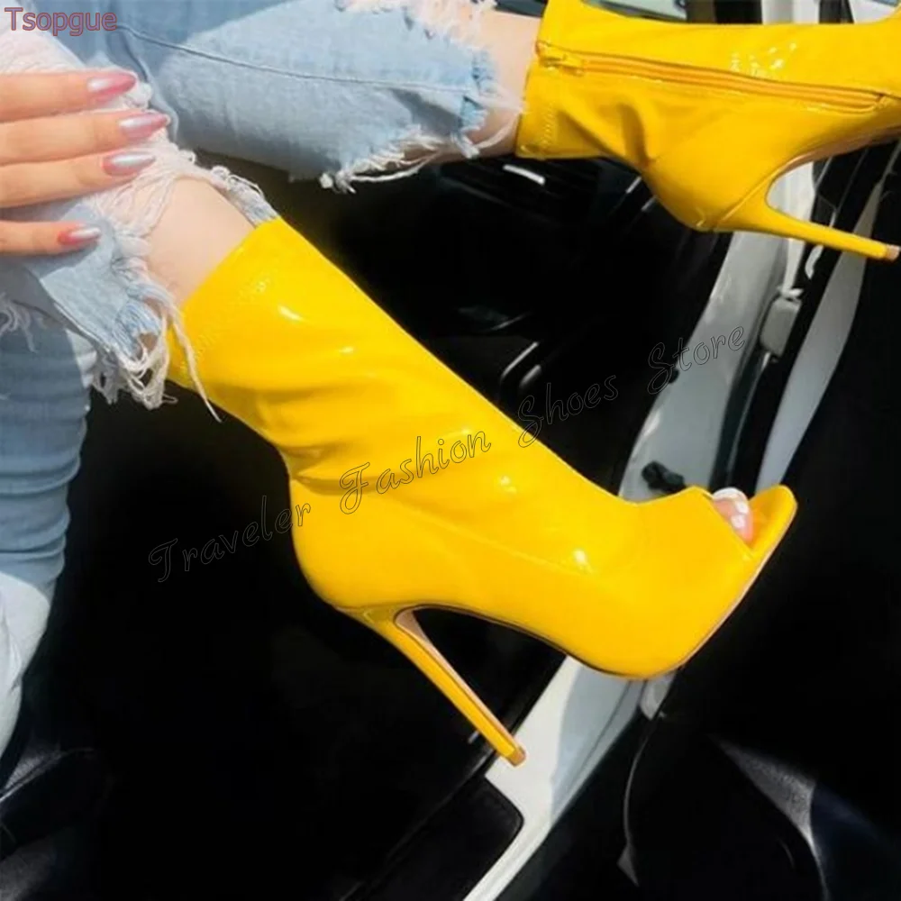 Gele Peep Toe Zij Rits Laarzen Stiletto Hoge Hakken Mid Kuit Hoge Hak Schoenen Voor Vrouwen Hakken 2024 Nieuwe Zapatos Para Mujere