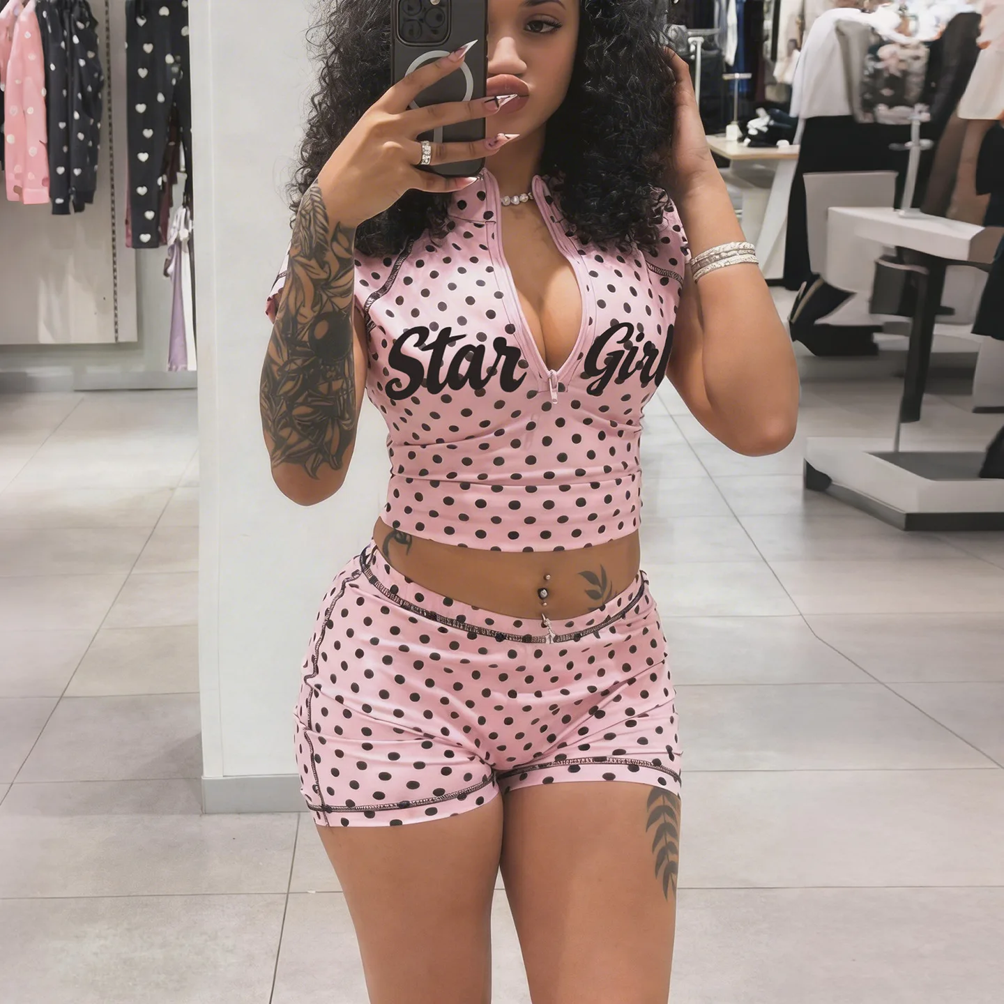 

STYLISH LADY Y2K Star Girl Polka Dot 2 Piece Outfit Half Zip Crop Top and Biker Shorts Set 2026 Summer Women Streetwear Outfit
