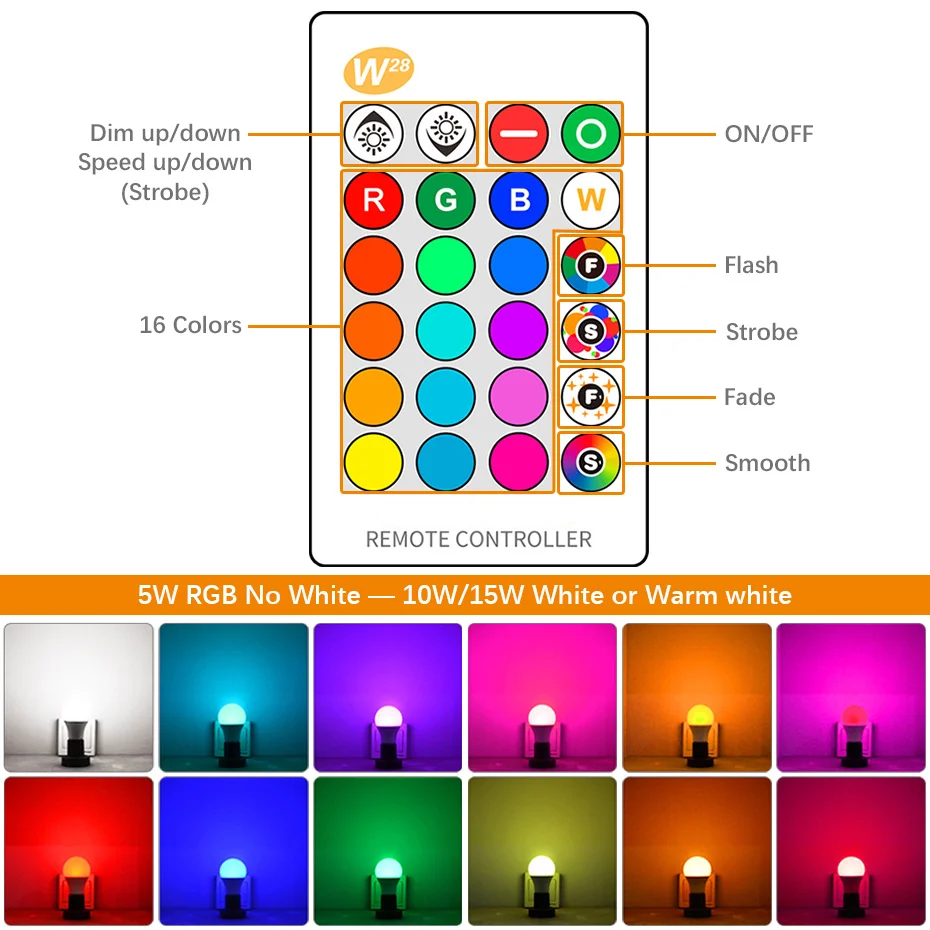 110V 220V E27 RGB LED Bulb Lights 5W 10W 15W RGB Lampada Changeable Colorful RGBW LED Lamp With IR Remote Control+Memory Mode