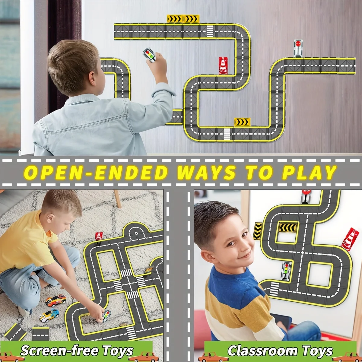 ของเล่นบล็อกแม่เหล็ก - รางถนนแม่เหล็กพร้อมรถ, ของเล่นเสริมสร้างทักษะ STEM สำหรับการสร้างสรรค์