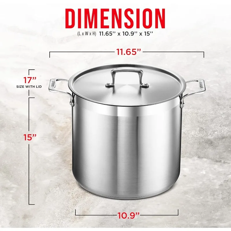 Stainless Steel – Heavy Duty Induction Pot with Lid and Riveted Handles – For Soup, Seafood, Stock