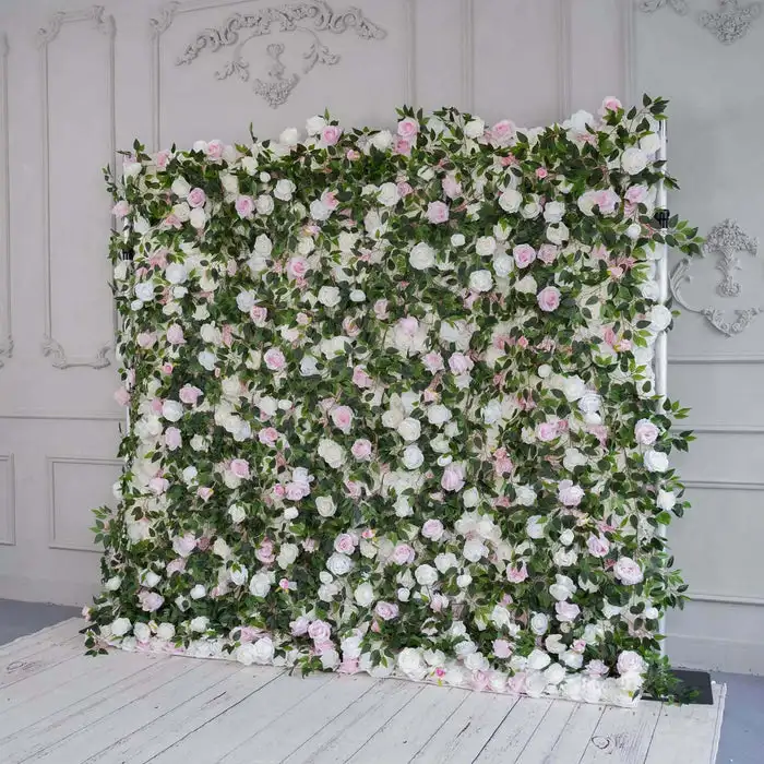 3D luxury pink White rose Peony green leaf fabric artificial flower wall Green turf plants outdoor wedding background decoration