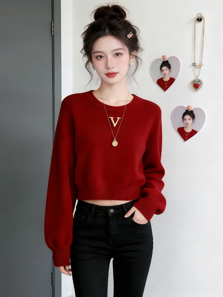 

Sli Color round Ne Knitted Sweater Women's Commute Spring Autumn ort Length Large Size Anti-Aging Top