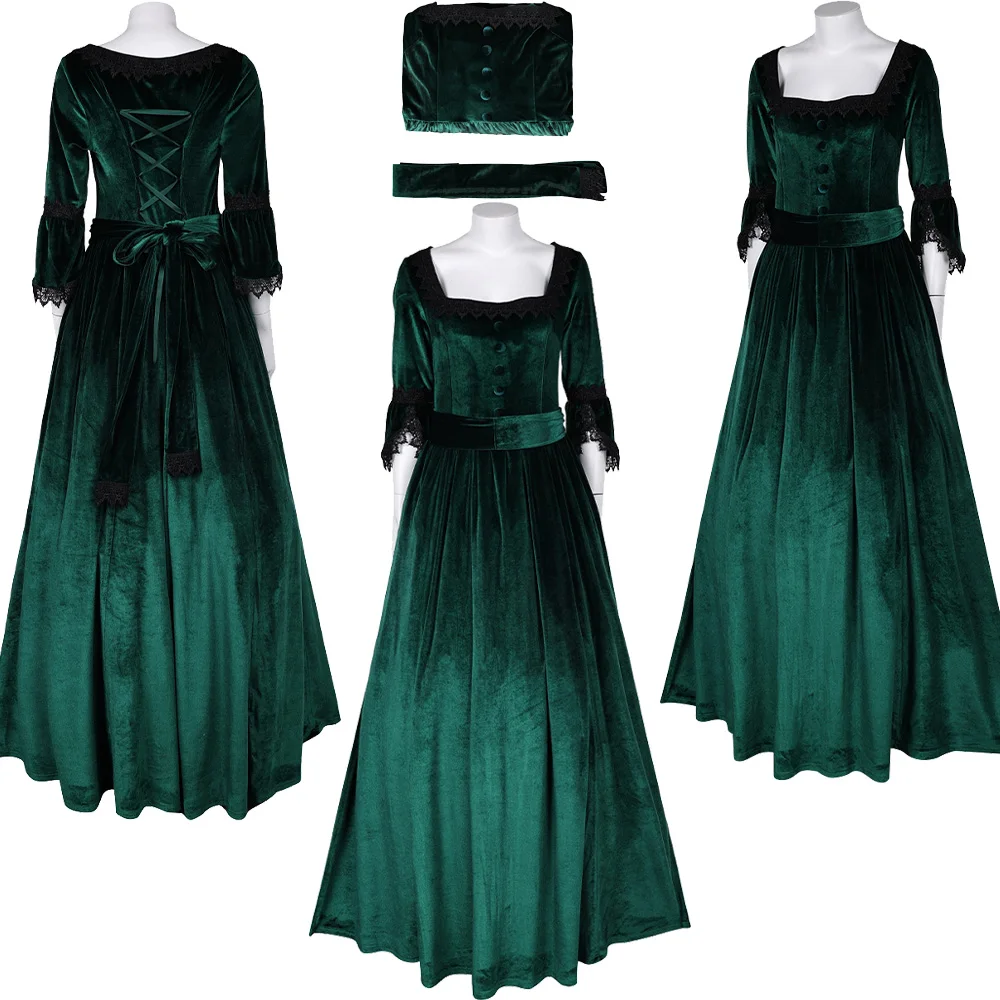 

Retro Cosplay Medieval Gothic Formal Dark Green Dress Belt Costume Clothing Suit Outfits Halloween Carnival Party Fantasia Cloth