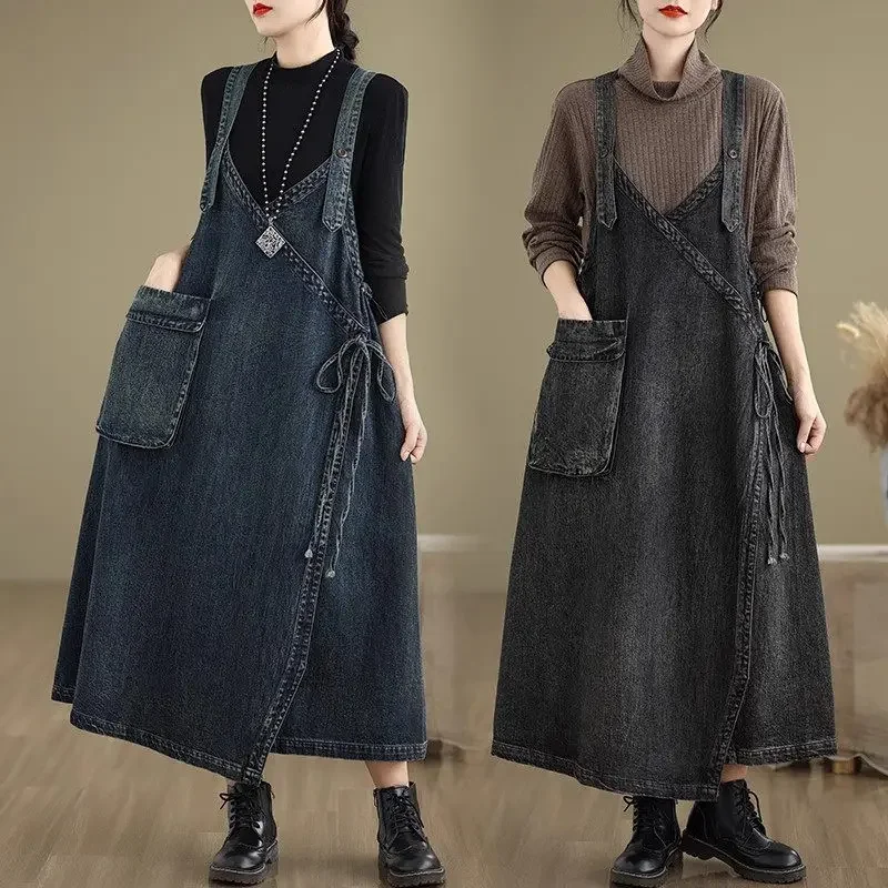 

Vintage Large Pocket Denim Overall Strap Dress Women's Autumn Personality Versatile Fashion Temperament Jeans Vestidos JJ258