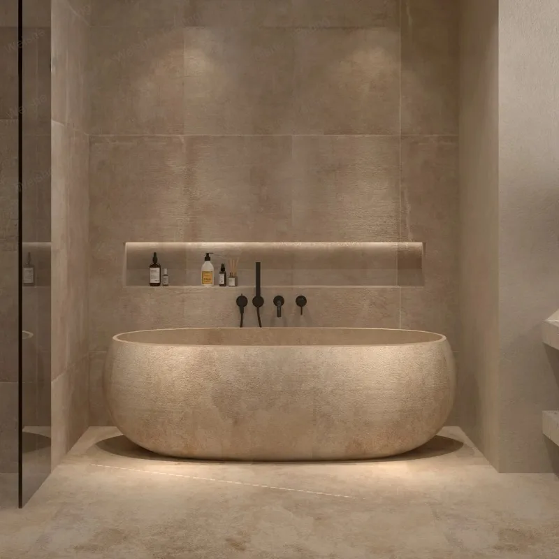 

Retro Natural Marble Bathtub Compact Oval Deep Soaking Tub for Two Adults Heat-Retaining for Small