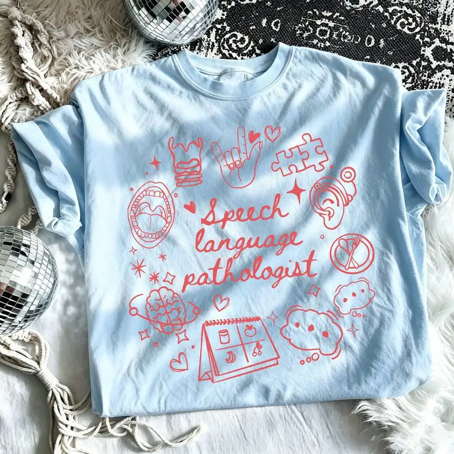 Women's Cute Speech Language Pathologist SLP Speech Therapy Print Summer Vacation Casual Short Sleeve Crew Neck Graphic T‑Shirt Tee Top