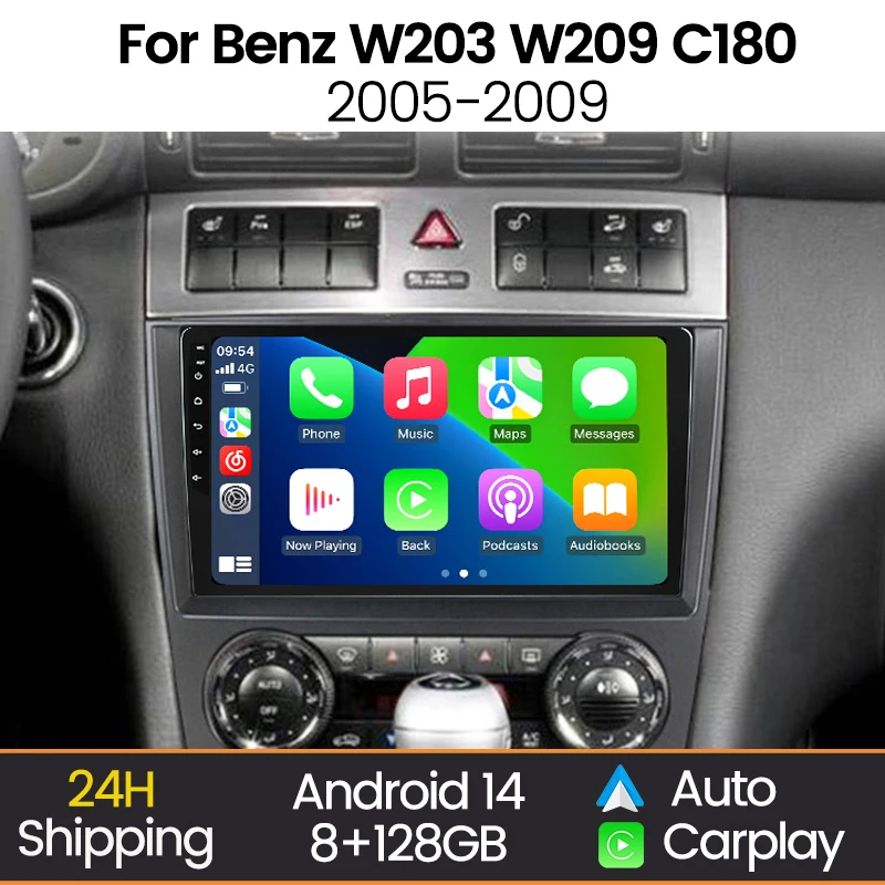 Android 14 Systems Car Radio Stereo For Mercedes Benz W203 W209 C180 C200 C220 C230 2005-2009 Wireless Carplay WIFI Audio GPS BT