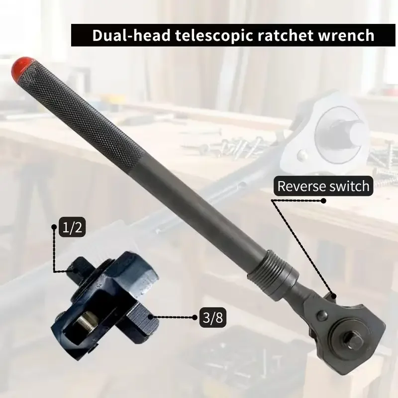 MacWork 1/2in. and 3/8in. Drive Dual Head Ratchet Handle with Hammer Function Telescopic Extendable Ratchet Handle