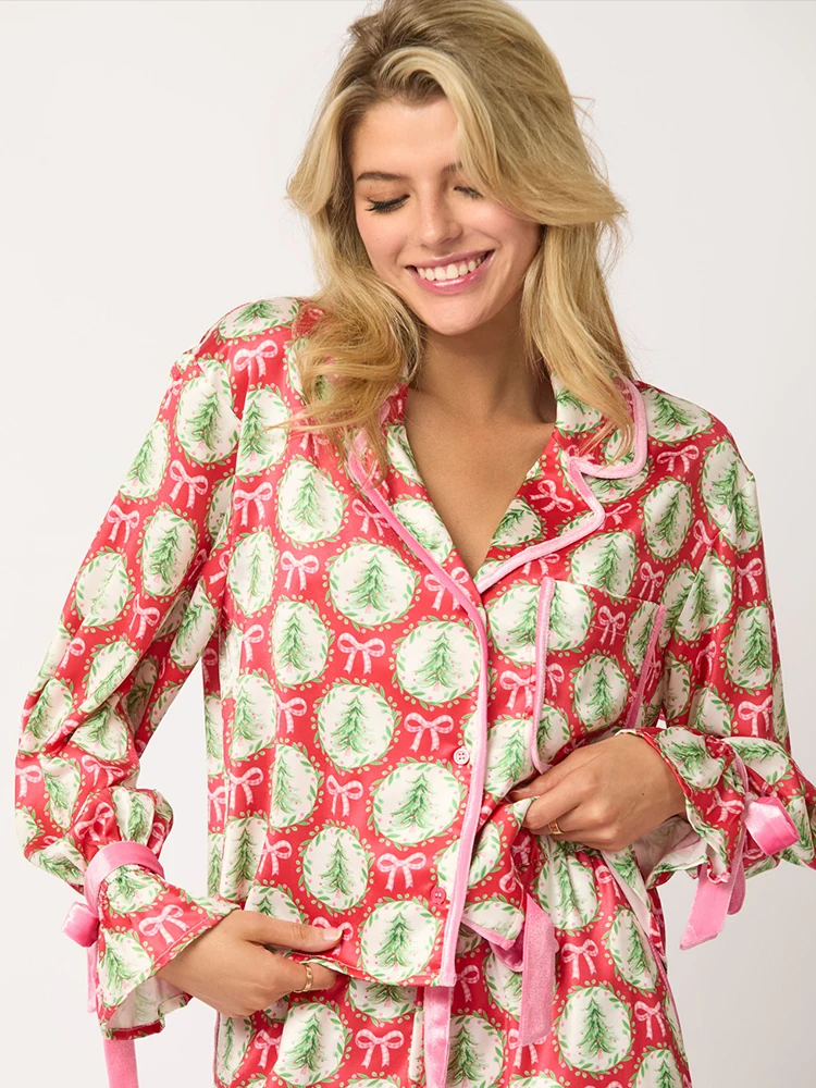 Casual Y2K Pink Bow Pajama Sets for Women 2 Piece Long Cute Long Sleeve Matching Lounge Shirts Sets 90S Santa Claus Pajamas