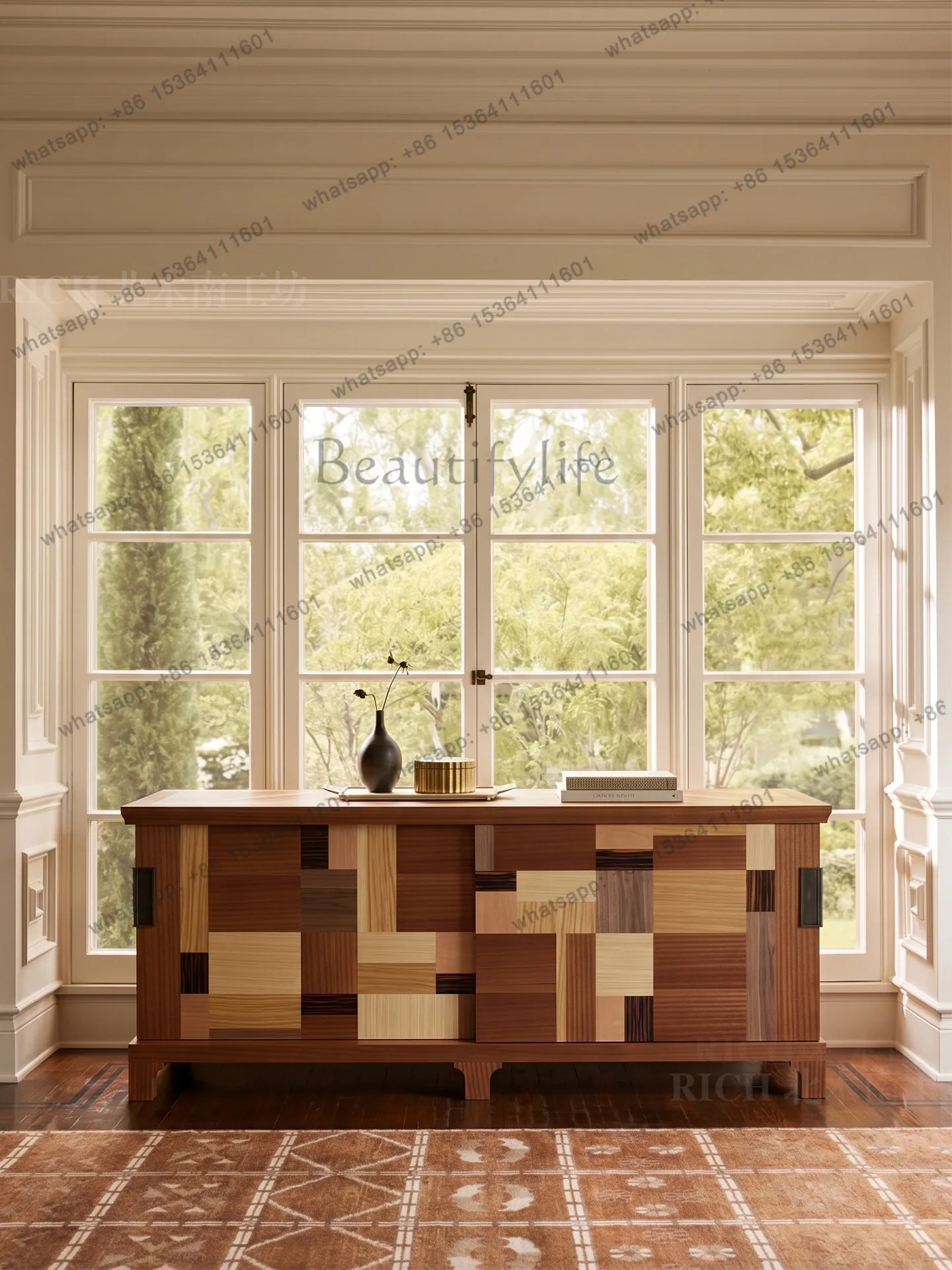Italian minimalist beautiful quality solid wood dining side cabinet storage geometric color matching floor low cabinet