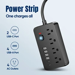 10-in-1 US Power Outlet, Extension Cord, 10ft Corded Power Outlet Surge Protector, 4 AC Outlets, 4 USB 2 Type-C, Desktop Chargin