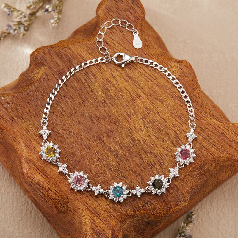 

Sunflower Flower Natural Gemstone Tourmaline Bracelet for WomenS925Pure Silver Colorful Gemstone Bracelet Hot Sale Wholesale