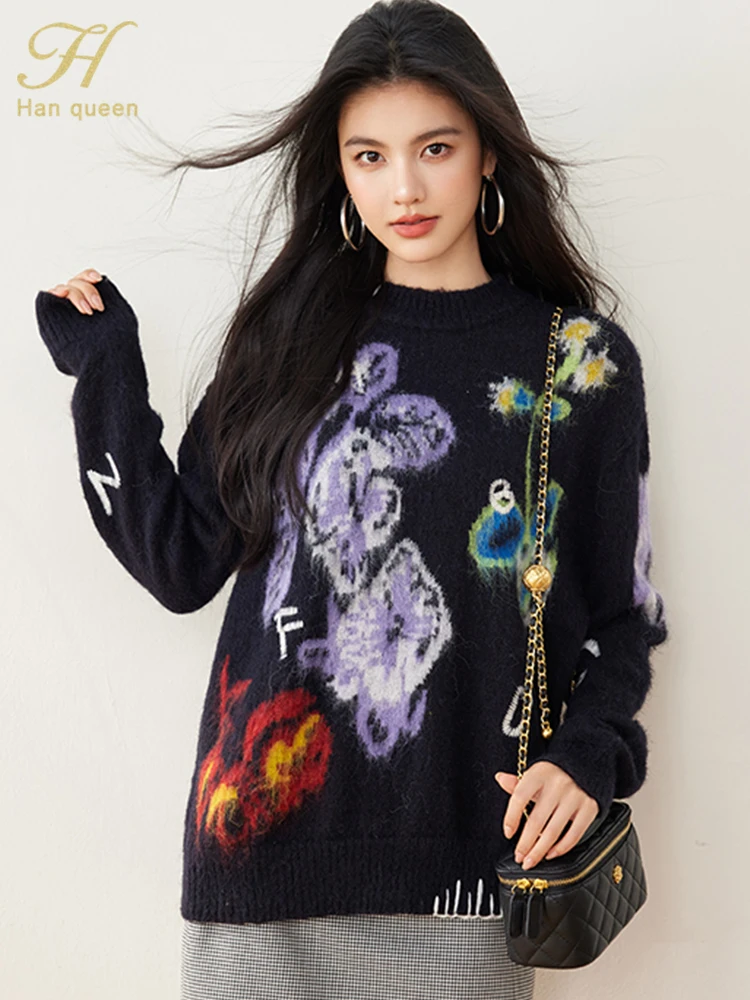 

H Han Queen Winter Long Sleeve Vintage Pullover Sweater Female Fashion Casual Basic Jacquard Mohair Knitted Sweaters