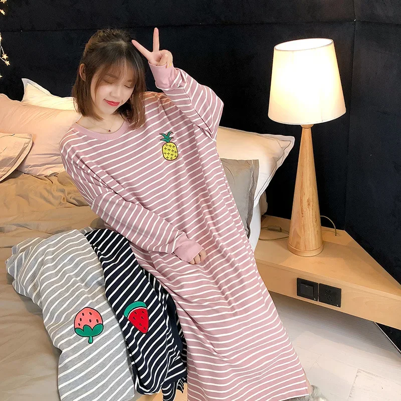2026 Women Sleepwear Spring Summer Plus Size Night Dress for Lady Cute Long Sleeve Loose Embroidery Cartoon Sleepshirts Pajamas