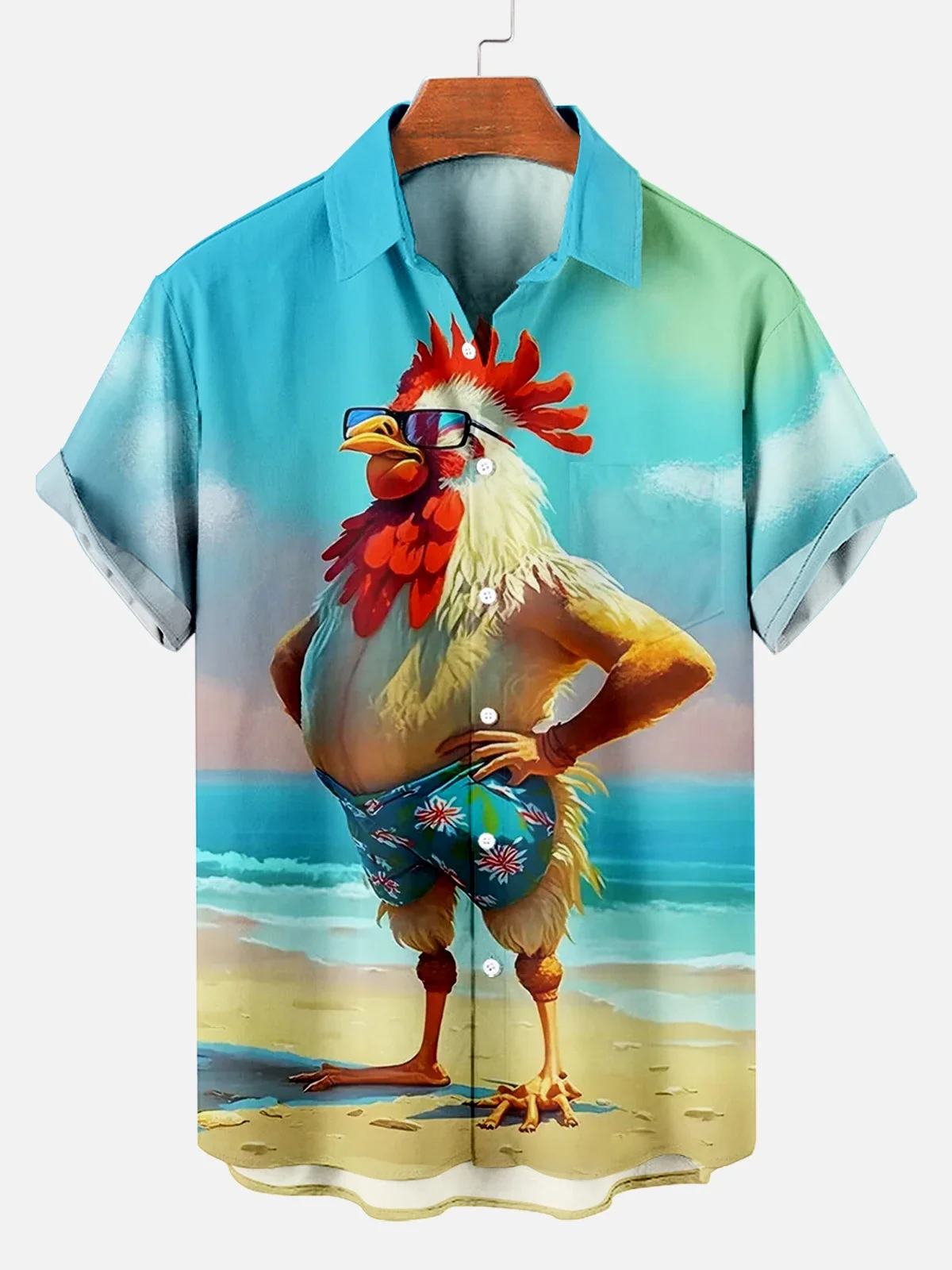 

2024 Funny Rooster Beach Hawaii Casual 3D Print Turndown Collar Shirt casual Short Sleeve Shirt Summer loose Shirts For Boys