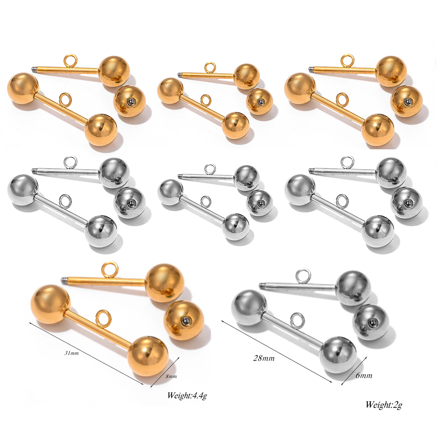 

4Pcs Stainless Steel Gold Plated 6mm/8mm Ball Beads Stick with Hole Charm for Diy Jewelry Making Necklace Accessories Supplies