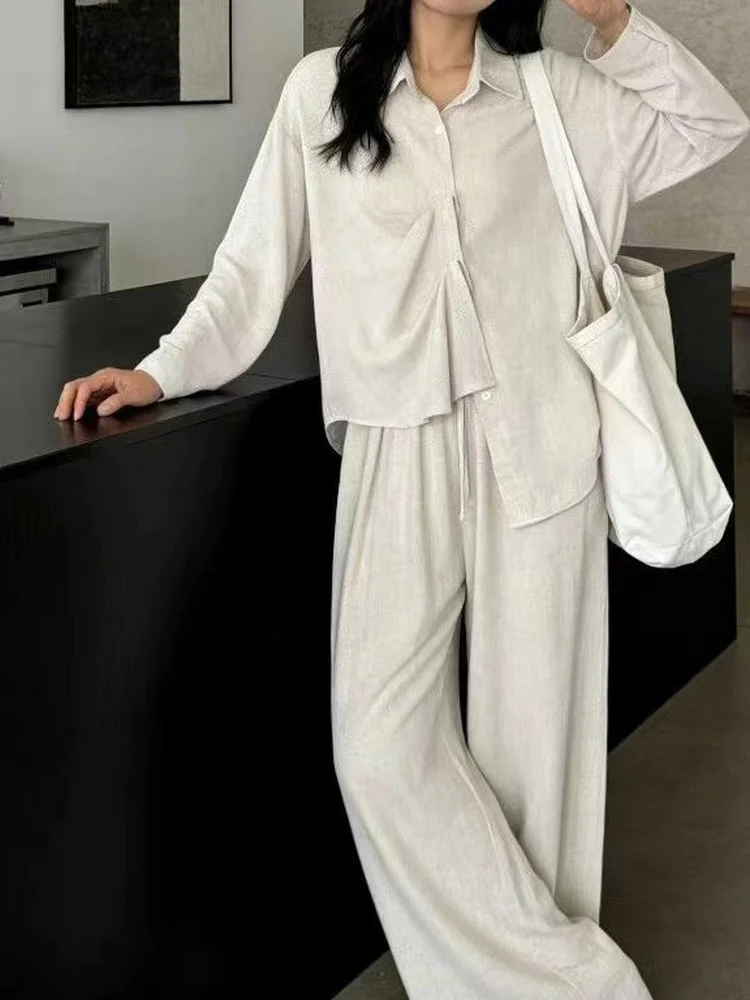 

Women's Cotton Linen Shirt Casual Loose Fit Drawstring Waist Wide Leg Pants Two Piece Set Summer Fashion Outfit