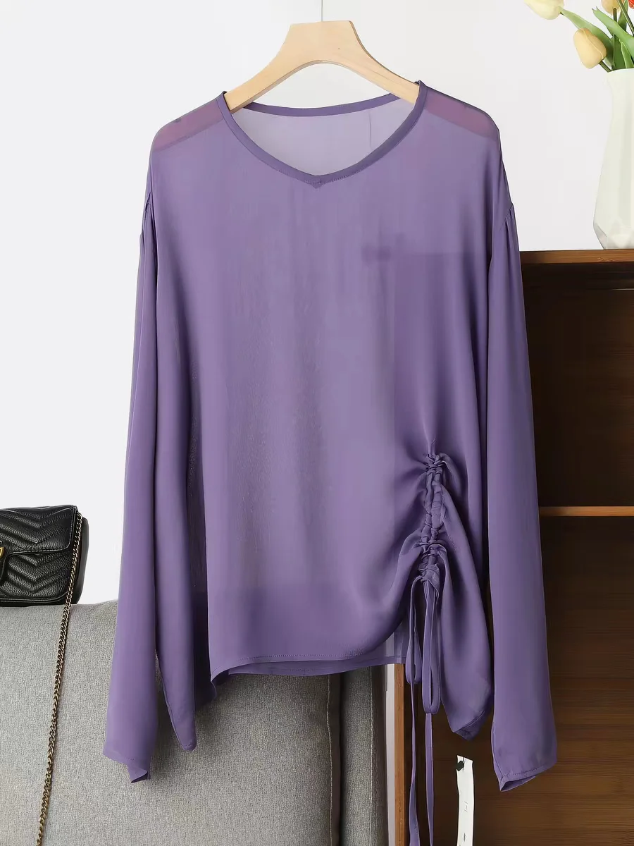 Women's Loose Fit Long Sleeve Chiffon Sheer T-shirt Korean Fashion Summer Sun-proof Leisure Clean Fit plus Size All-match