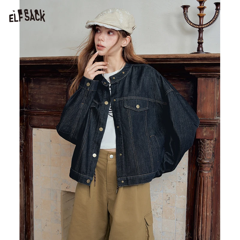 ELFSACK Women's Vintage Denim Jacket with Stand Collar, Button‑Up Loose Long Sleeve Outerwear for Autumn, Casual Retro Jean Coat
