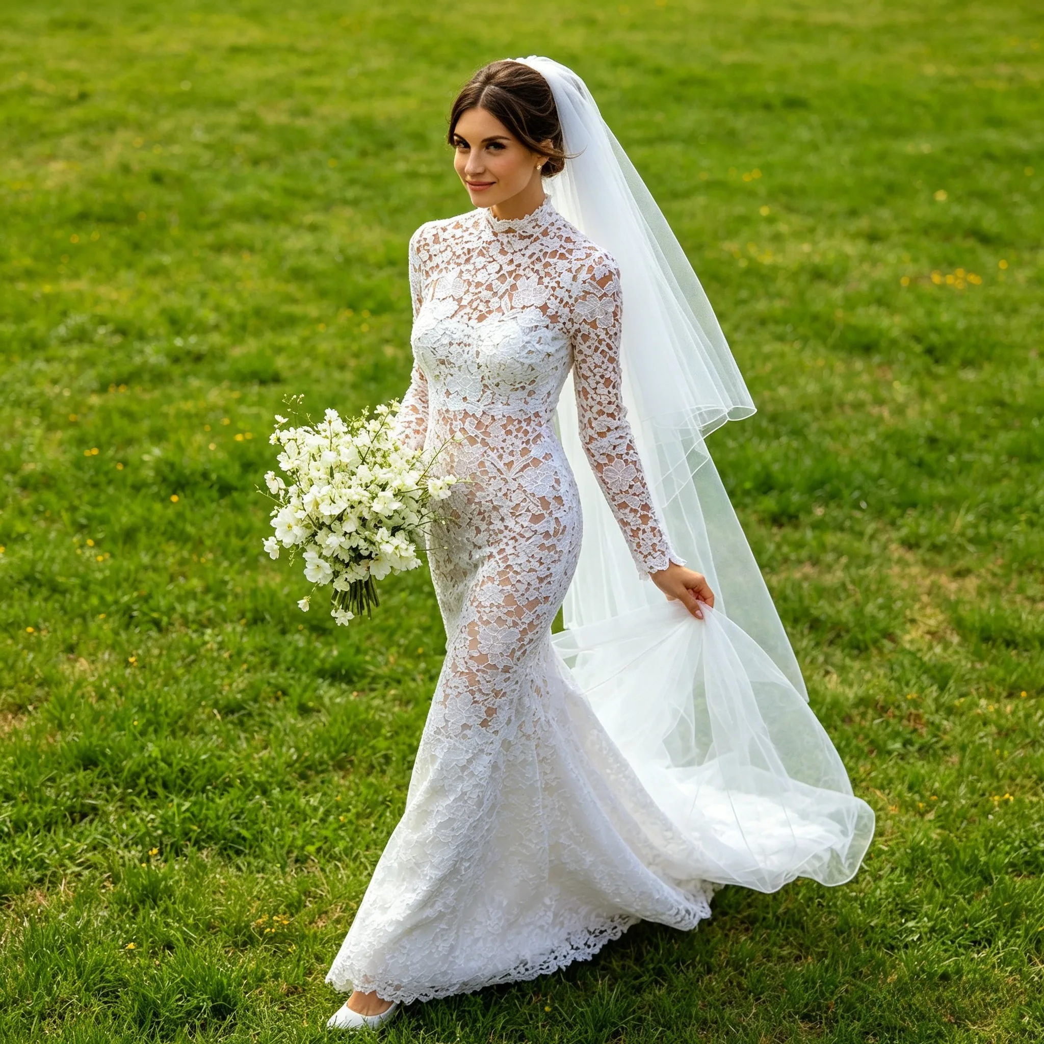 

Customized Elegant Mermaid Wedding Dress High Neck Long Sleeve Lace Sheath Train Modest Vintage Bridal Gown Vestidos De Novia
