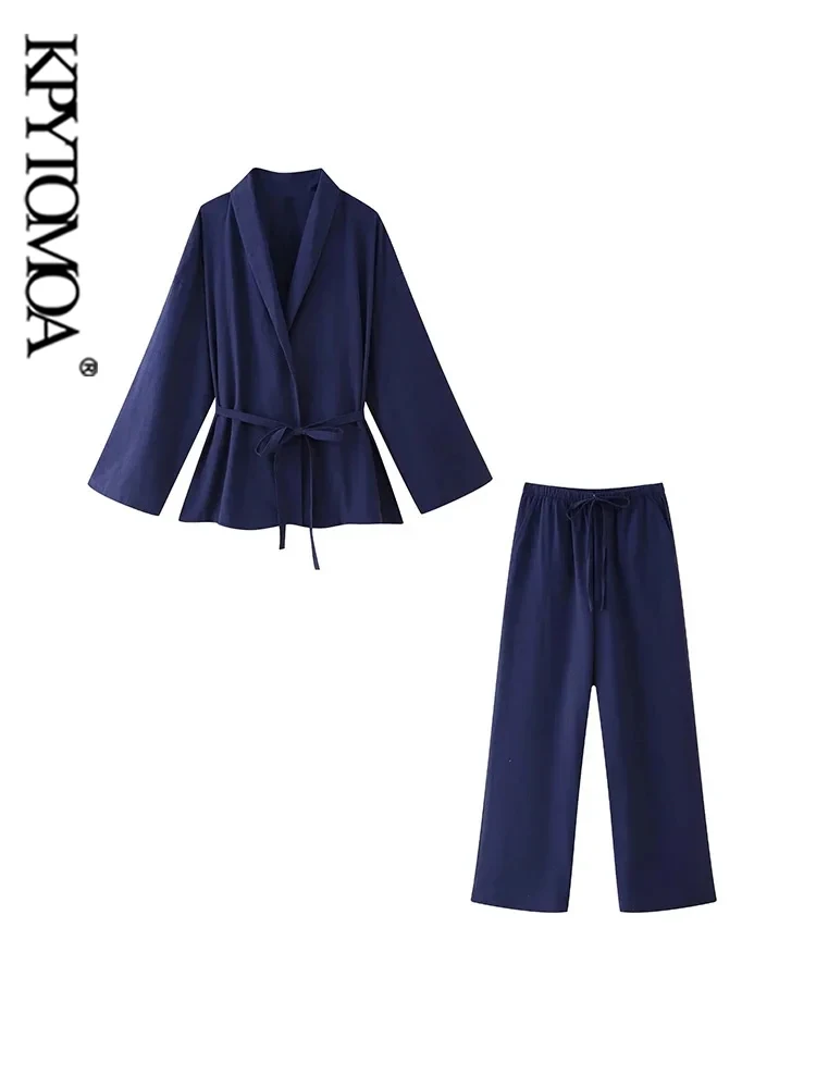 KPYTOMOA Women Fashion With Belt Loose Kimono Blouses And Mid Elastic Waist With Drawstring Trousers Female Two Piece Sets Mujer