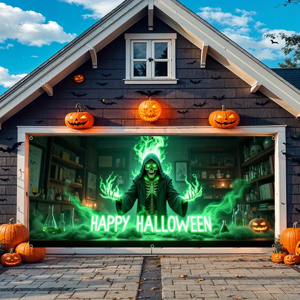2D-Türbanner, 1 Halloween-Garagentorbanner – Totenkopf-Zauberer mit leuchtend grünem Neonmantel und fliegendem Fledermaus-Design