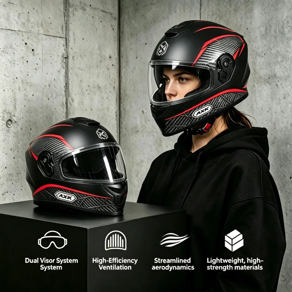Lackierter Integralhelm, Crash-Motorrad-Schutzausrüstung, für Männer und Frauen, Klapphelm, Motorradhelm mit doppeltem Sonnenschutz, Rot