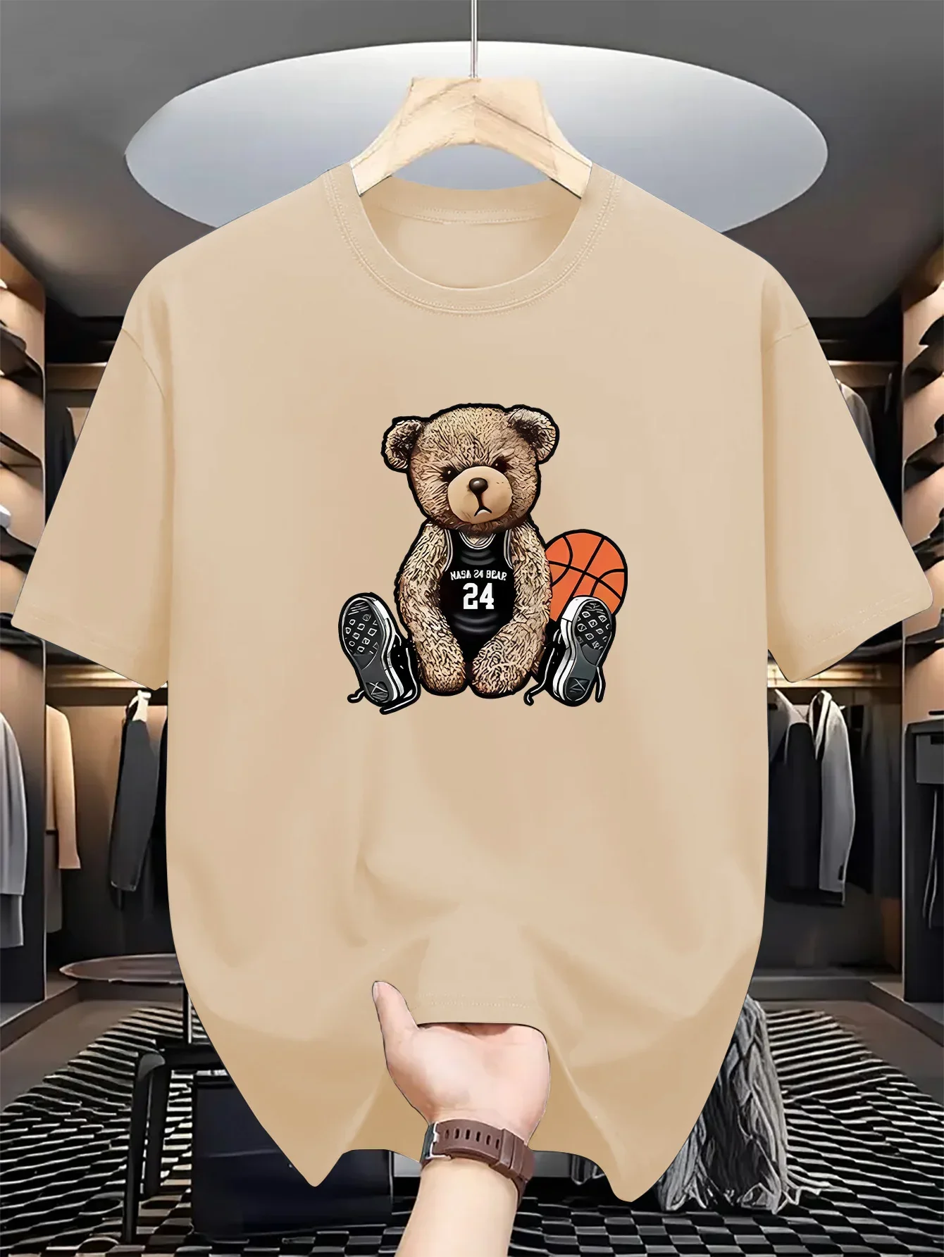 T-Shirt col rond décontracté pour hommes et femmes, avec imprimé basket-ball et ours, légèrement extensible, haut tendance d'été, coupe régulière