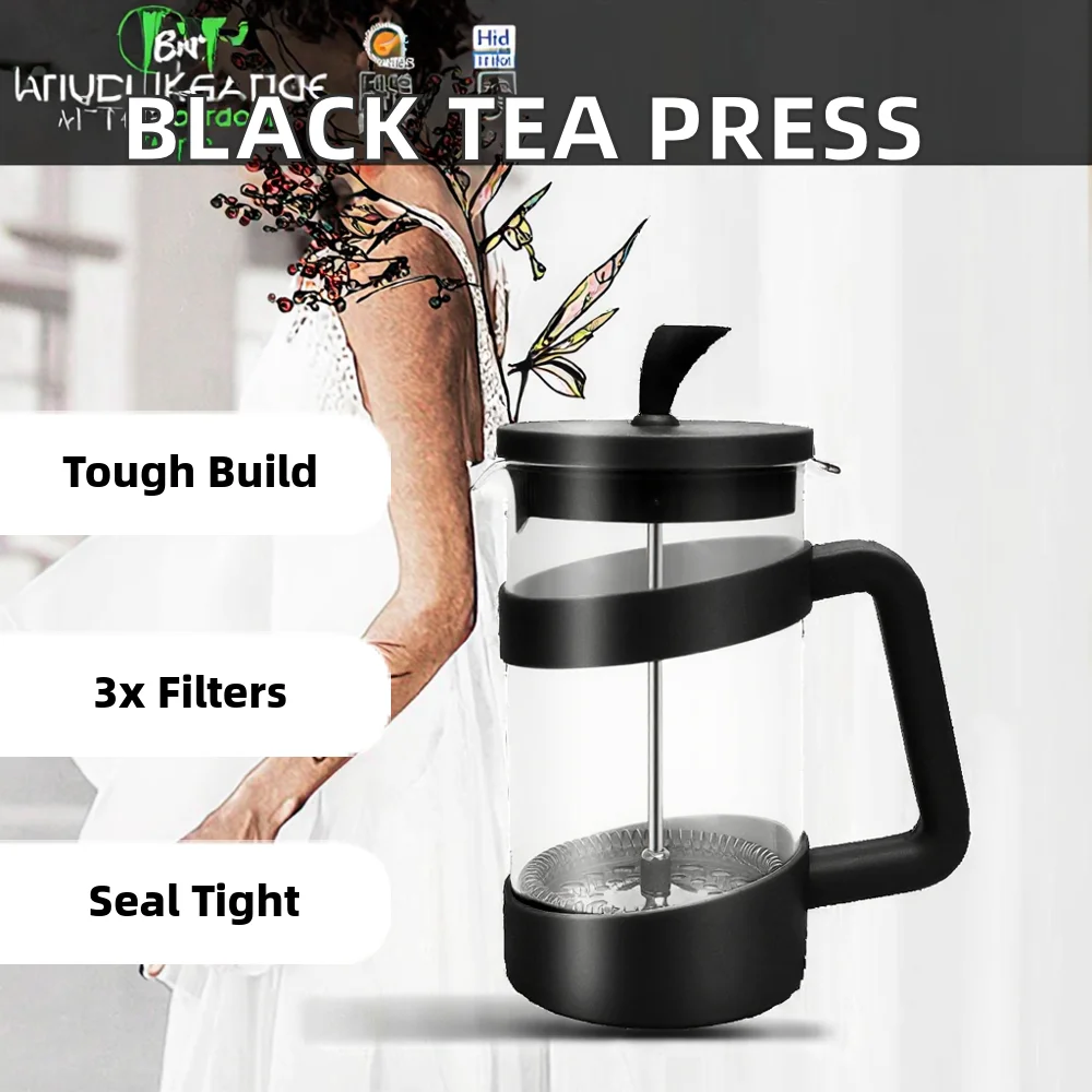 Triple Filter Plastic and Glass French Press Coffee and Tea Maker with Cover Black for Foamed Milk and Tea Brewing