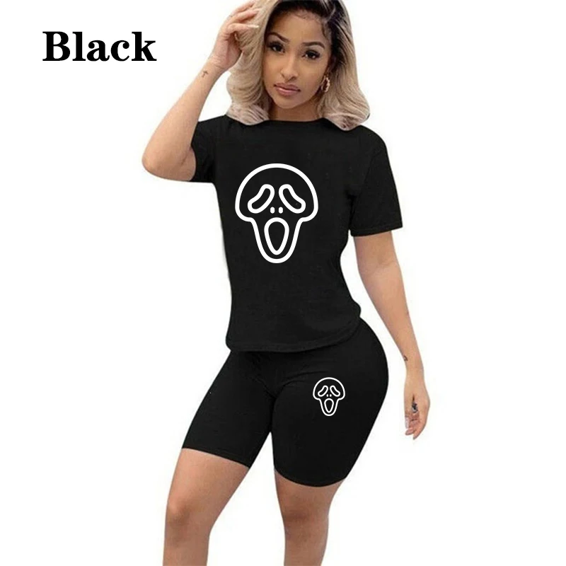 Women halloween Solid Sporting Casual Two Piece Set Short Sleeve Tee Top Biker Shorts Pants Suit Tracksuit Outfits