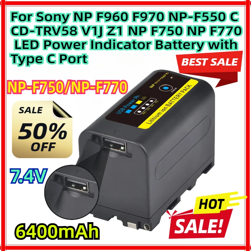 

For Sony NP F960 F970 NP-F550 CCD-TRV58 V1J Z1 6400mAh NP F750 NP F770 LED Power Indicator Battery with Type C Port