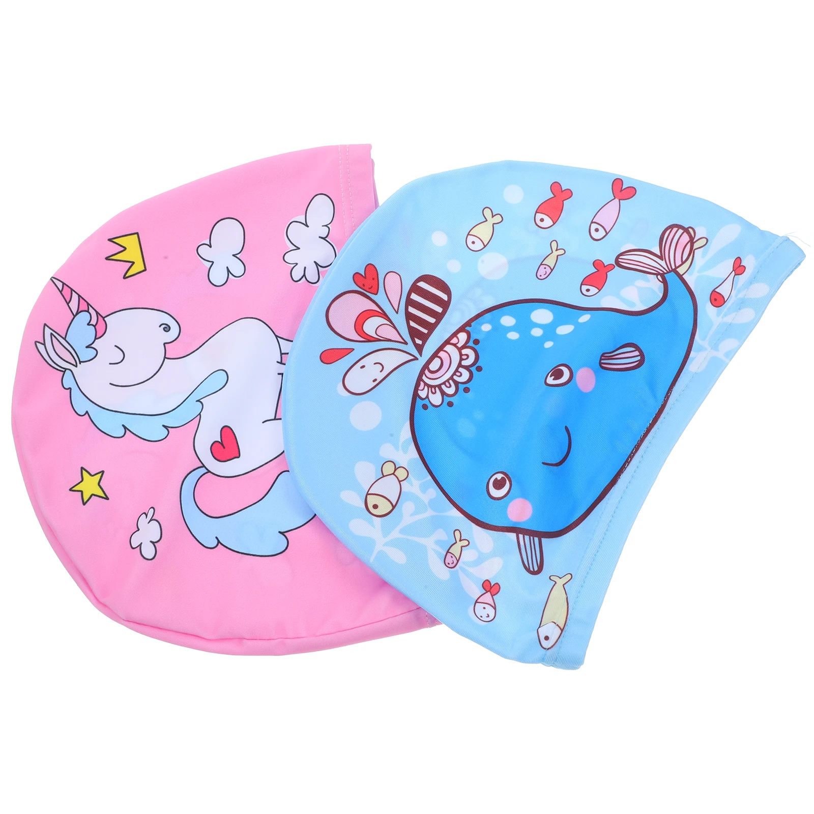 

2 Pcs Children Swim Cap Unisex Cartoon Whale Unicorn Stretchy Hats for Long Hair Wear-resistant Soft Comfortable