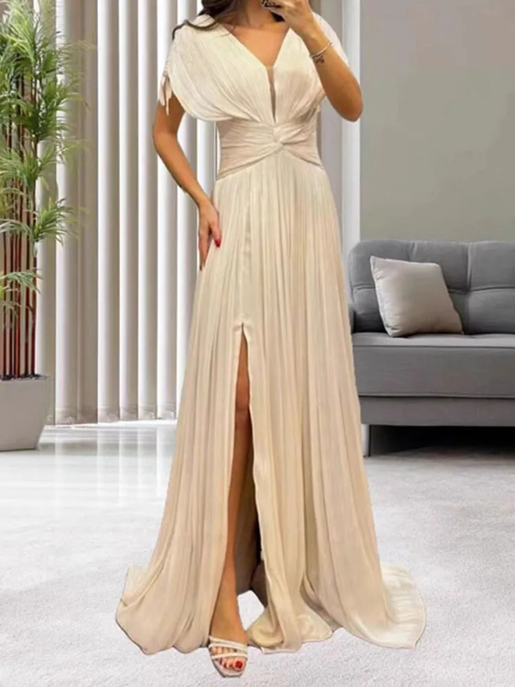 

Causal Drawstring Short Sleeve Solid Long Dress Women Fashion Draped Split Party Dress Elegant V-neck Cross Waist Evening Dress