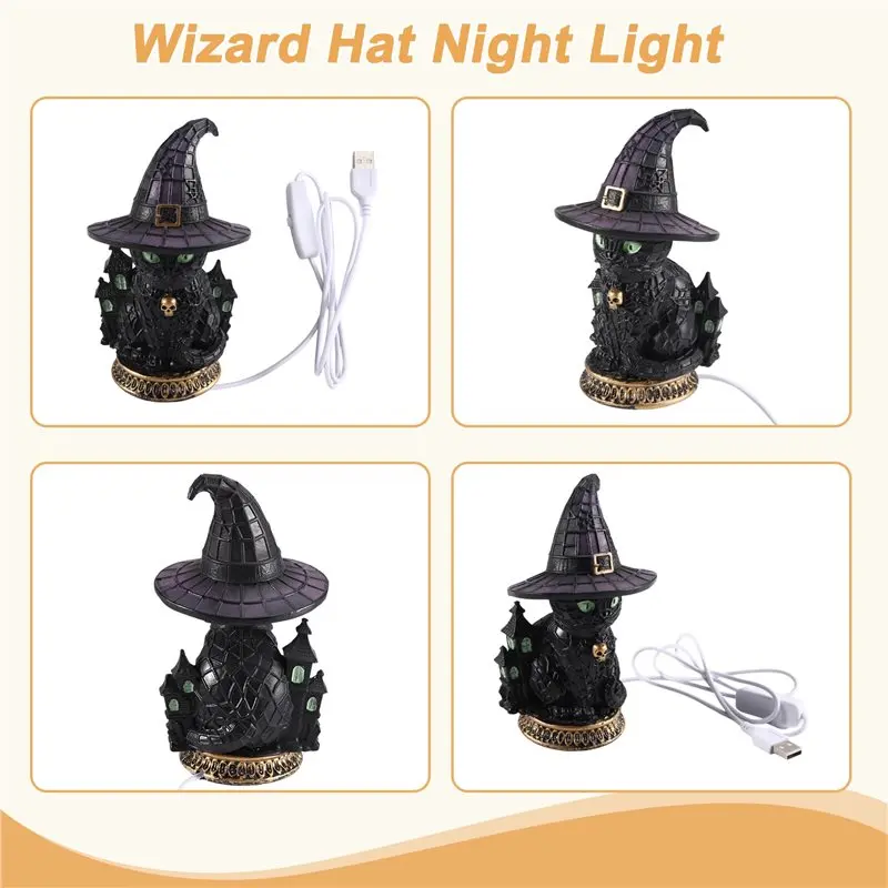 AB33-Handcrafted Retro Resin Witches Lamp USB Powered Gothic Wizard Hats Night Light Colorful Wizard Hat Lamp For Bedroom