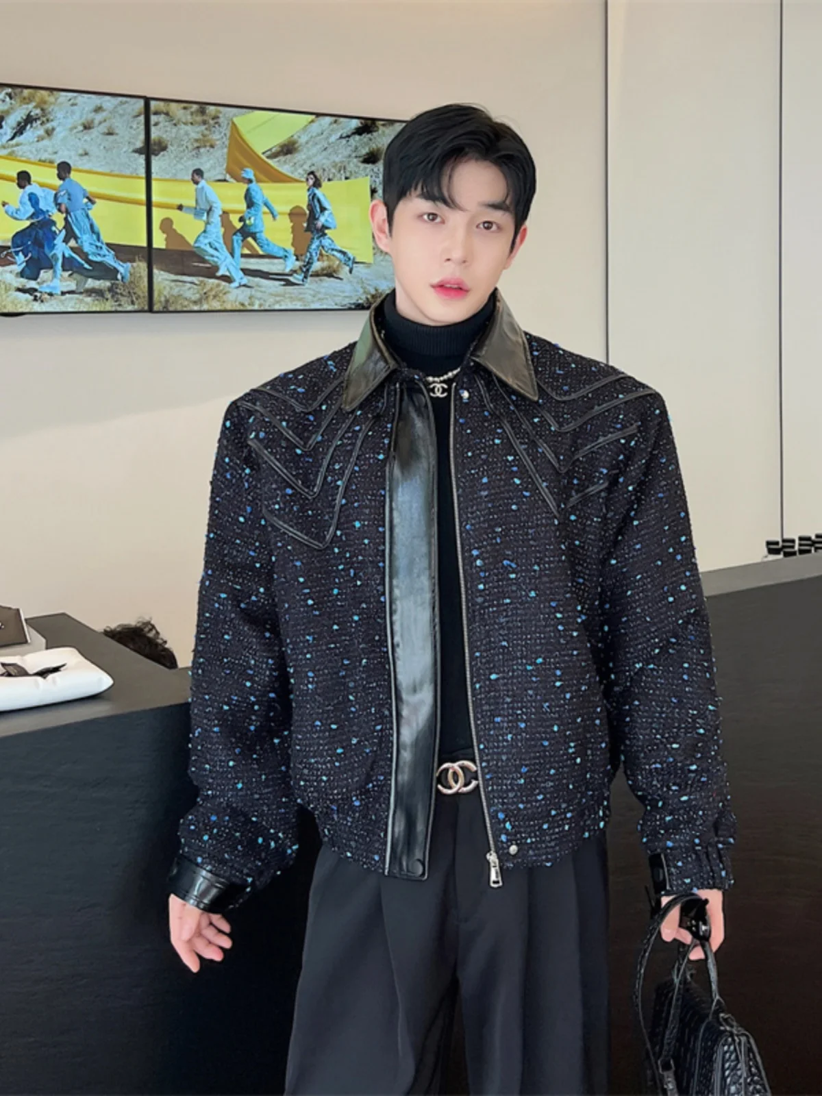 

Loose Fit Leather Jaet for Men Korean Sle Structure Hair St Patchwork Outerwear Youth Faion Autumn Season