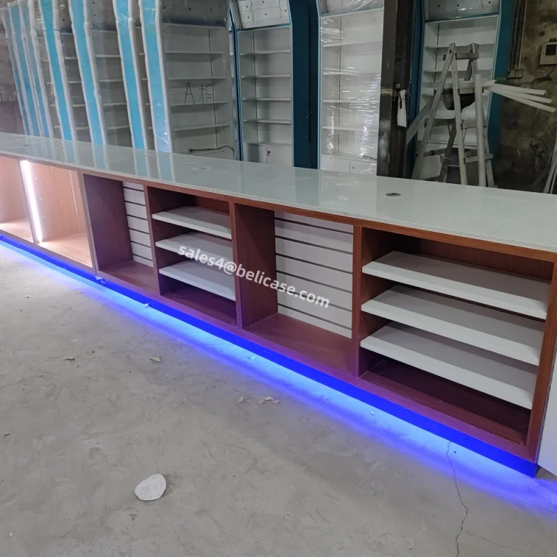 customized.Retail Store Fixture Design Gas Station Furniture Wall Cabinets Wooden Display Counter Custom Cabinets with Led light