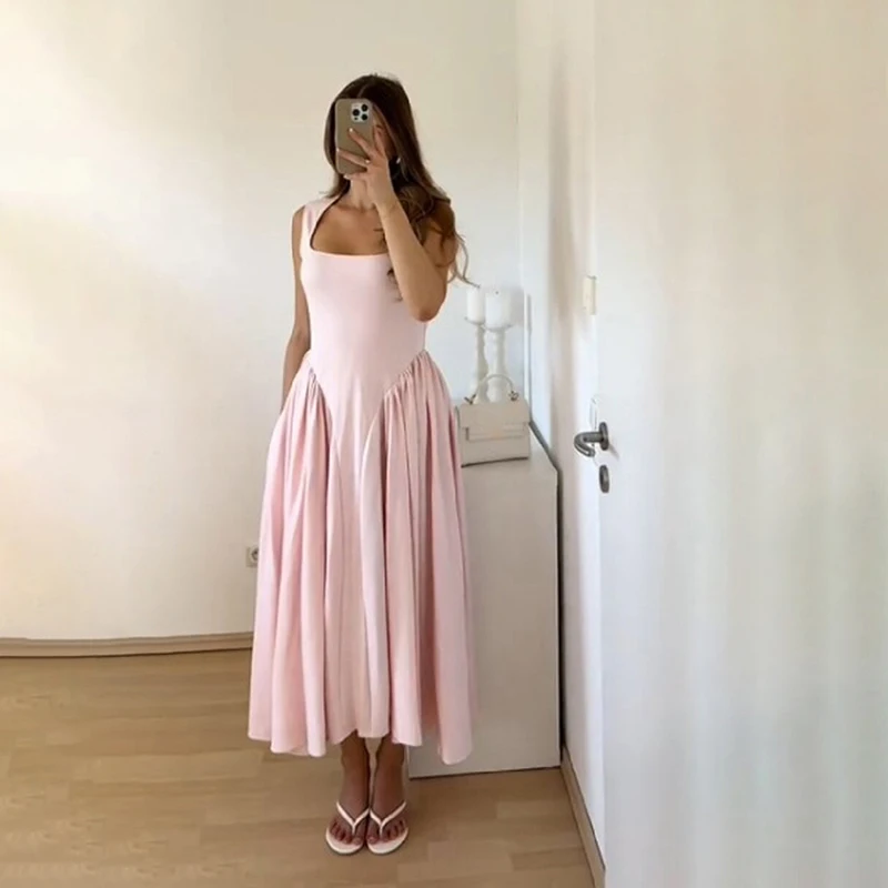 Elegant Square Neck Maxi Dress Women Trend Sleeveless High Waist Pleated Skirt Flowy Dresses Chic Formal Evening Party Gown