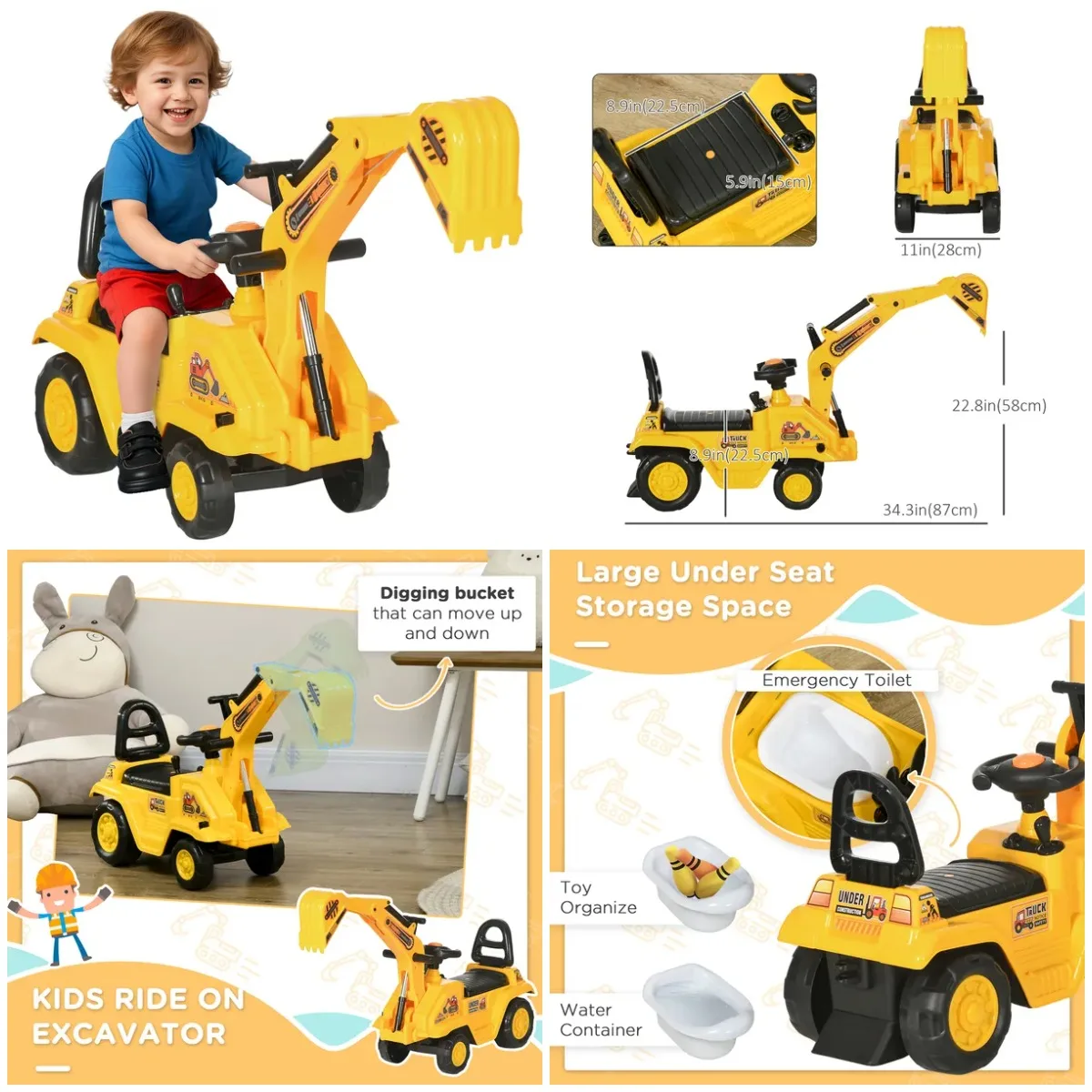 NO POWER 3 in 1 Ride On Toy Excavator Digger Scooter Pulling Cart Pretend Play Construction Truck